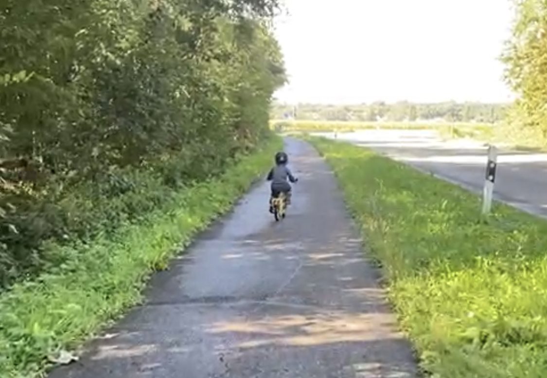 A child riding a bicycle along a paved bike path in Germany, seen from behind.