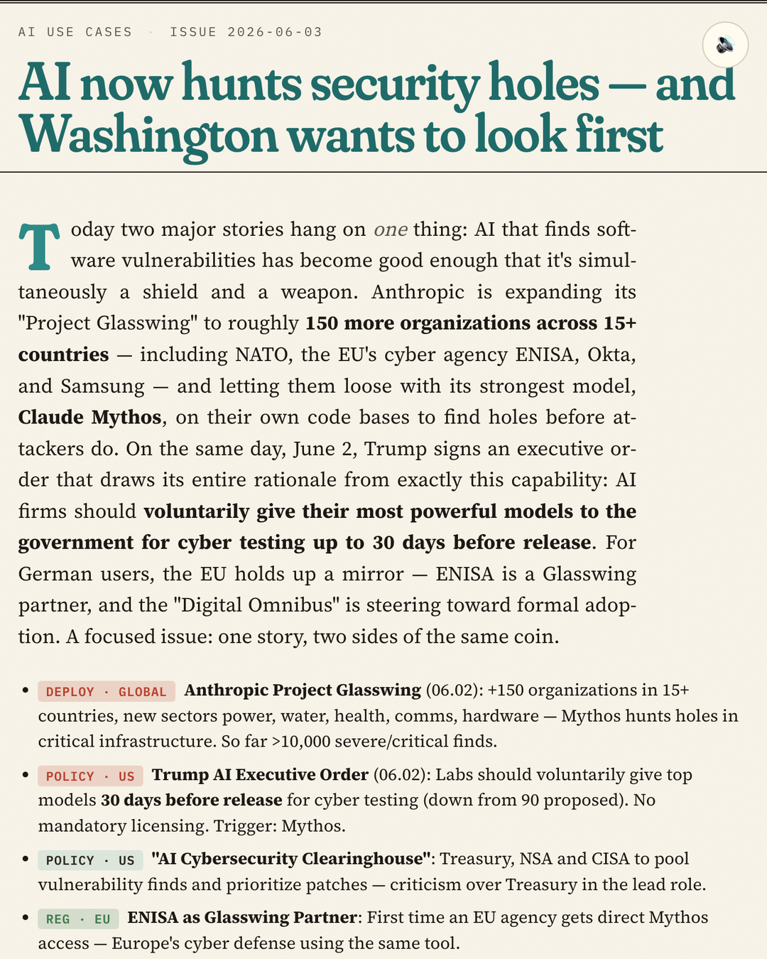 AI-in-practice front page headlined 'AI now hunts security holes — and Washington wants to look first', with tagged bullets on Project Glasswing, a US executive order and ENISA