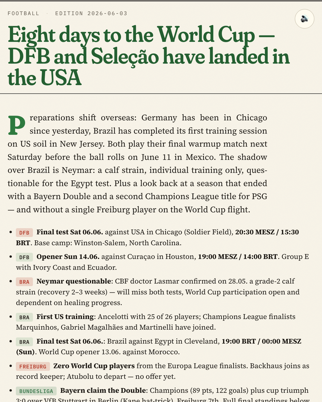 Football front page headlined 'Eight days to the World Cup — DFB and Seleção have landed in the USA', with bullets on Germany's and Brazil's final preparations